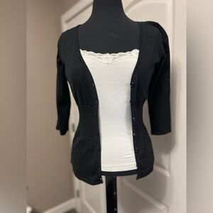Kersh Fitted Black V-neck Button Up Knit Top 3/4 Sleeve